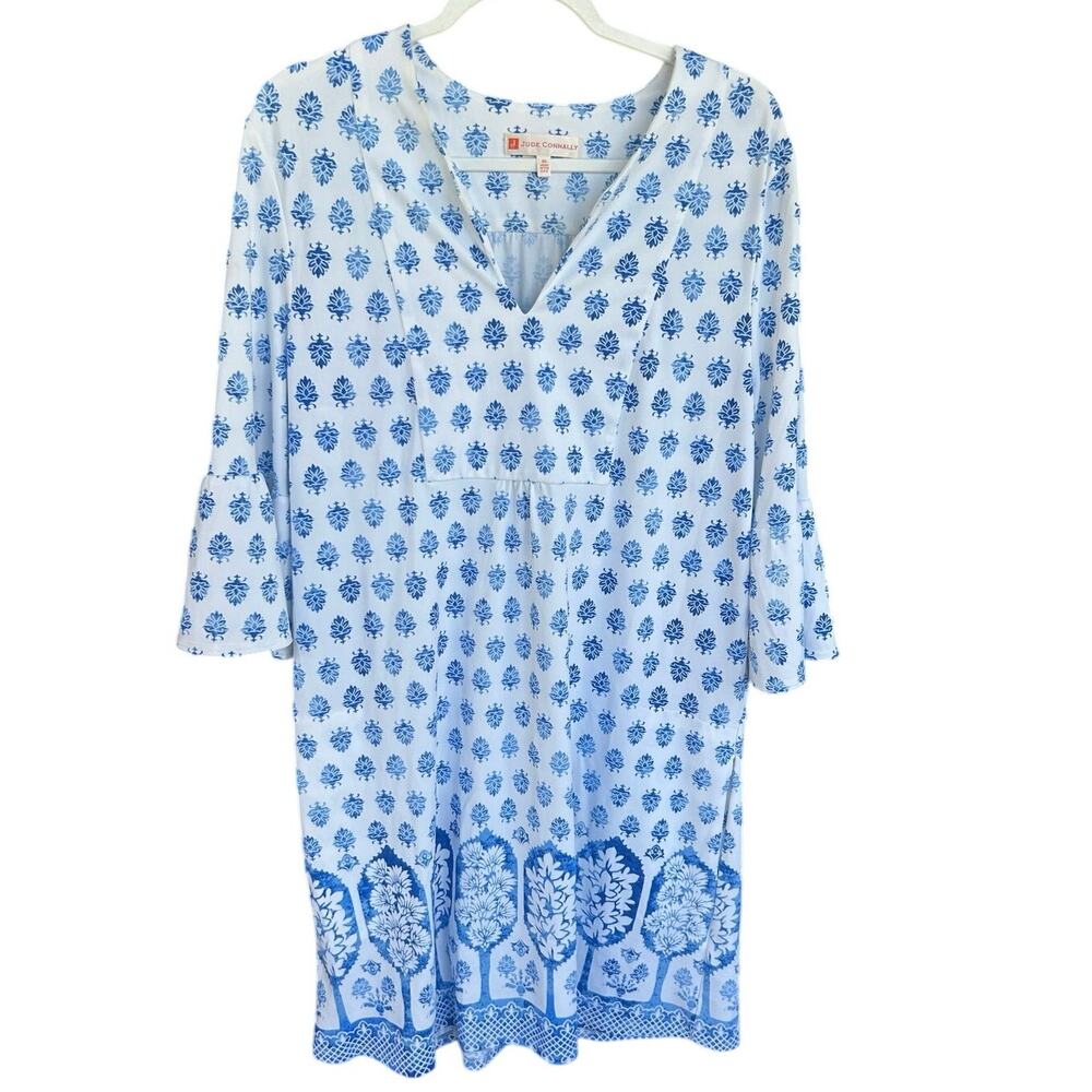 Jude Connally Dress XL Blue White Floral Border Print Bell Sleeve Made USA